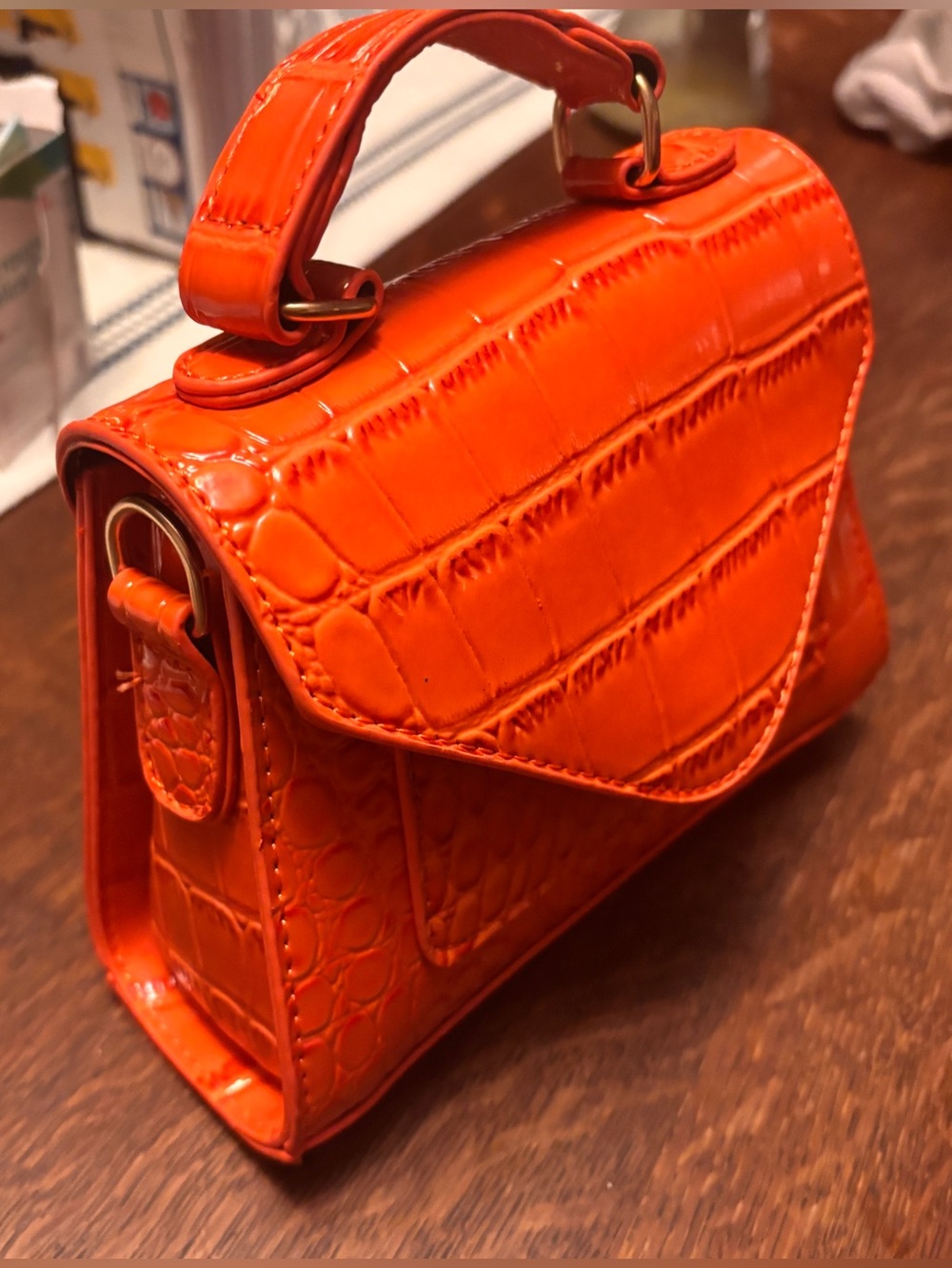 Orange Croc-Embossed Top Handle Crossbody Mini Bag - Like New - Picture 7 of 8